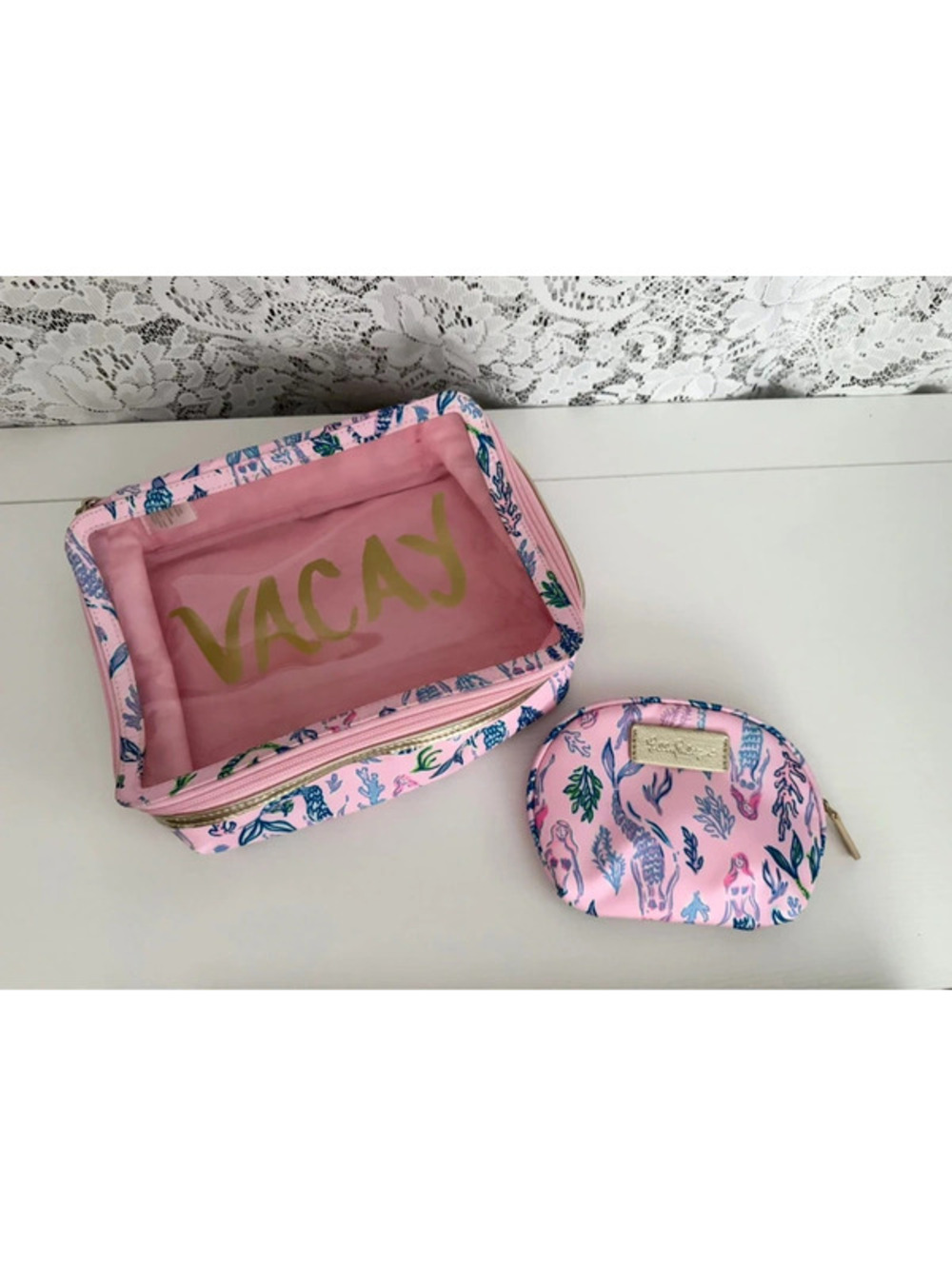 Lilly Pulitzer Vacay Cosmetic Bag Set Pink Tropical Clear Travel Makeup Pouch